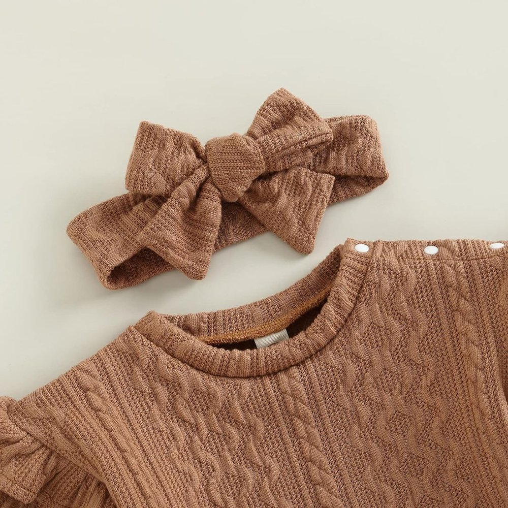 Baby Girl Boho Ruffle Long Sleeve Romper Fall Winter Knit Shirt Tops Headband - Picture 5 of 8